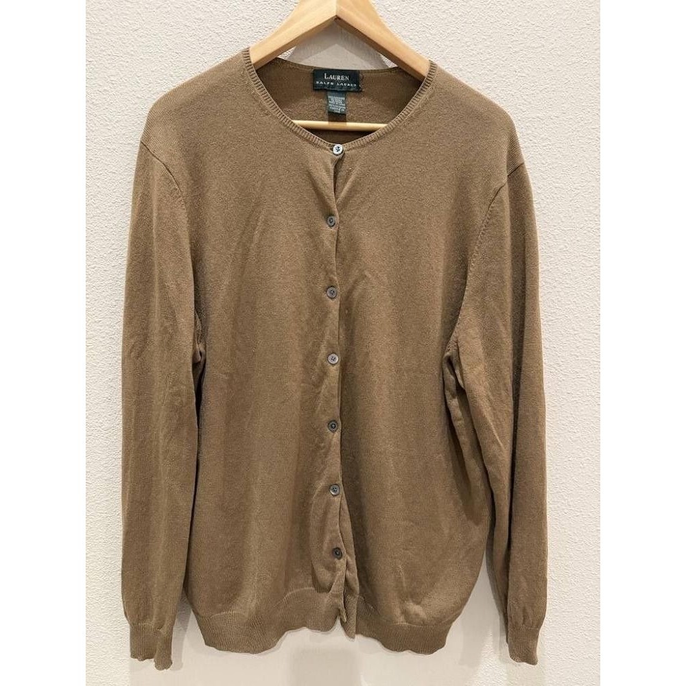 Lauren Ralph Lauren 100% Cashmere Button Front Cardigan Sweater Camel Brown L La